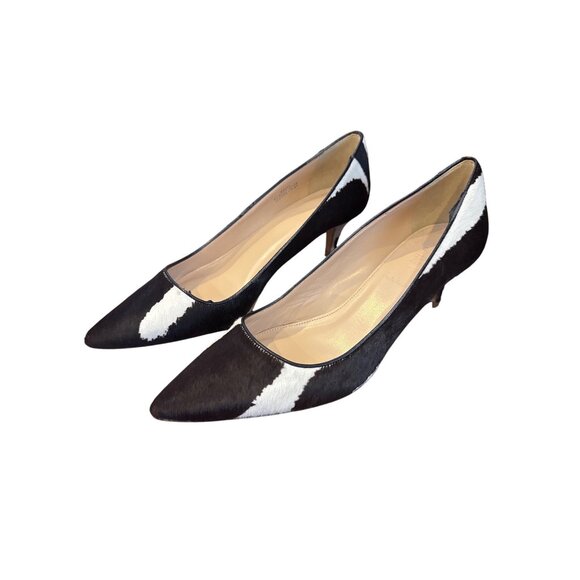 J.Crew Dulci Calf Hair Kitten Heels 7 Made in Italy Black White Pointed Toe - Picture 2 of 12